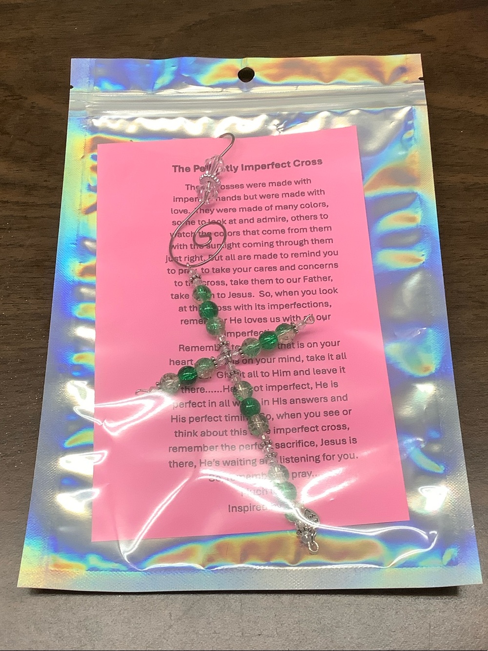 Hand Crafted Green Beaded Cross Sun Catcher